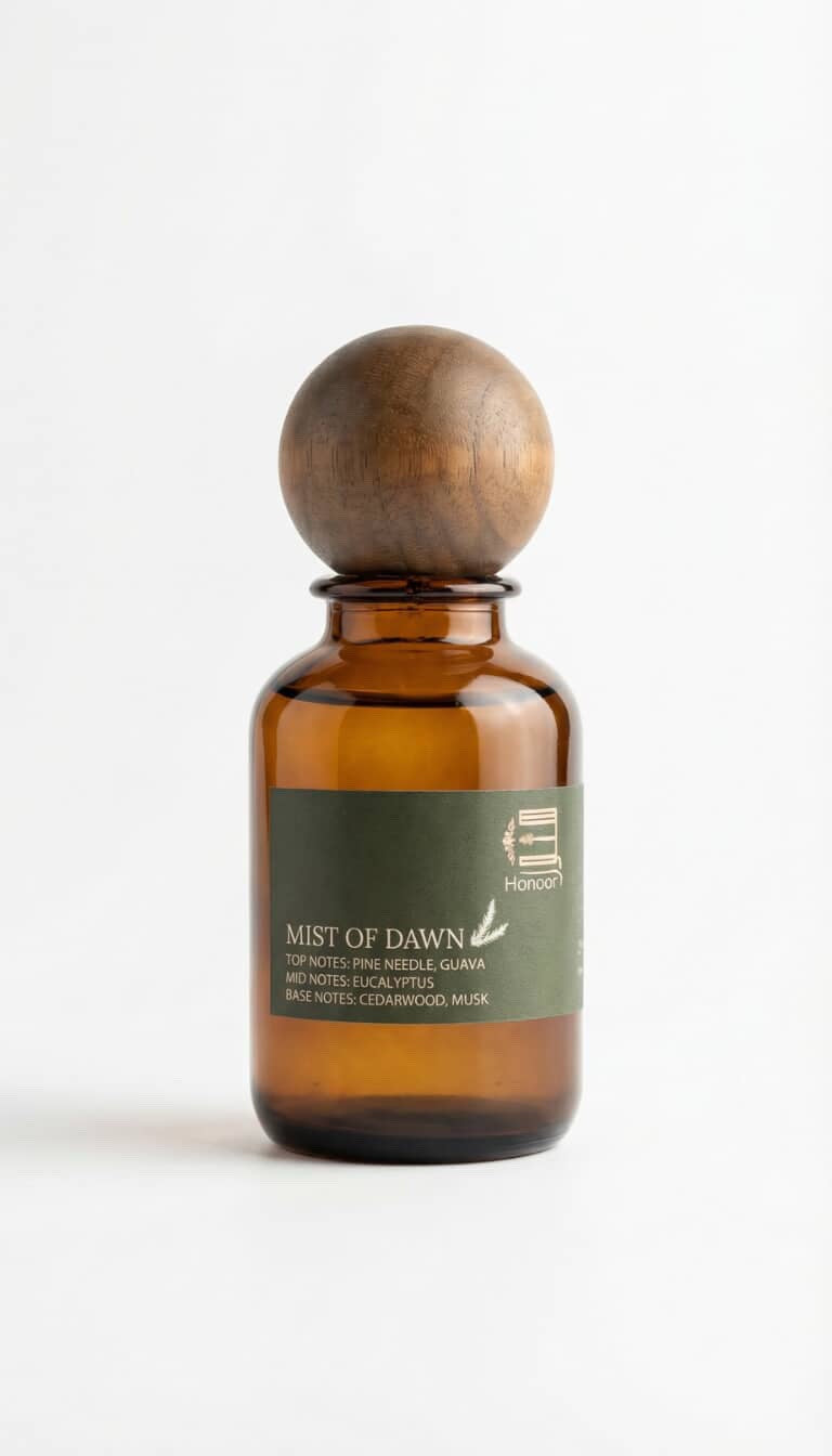Brown glass bottle with wooden cap on a white background

