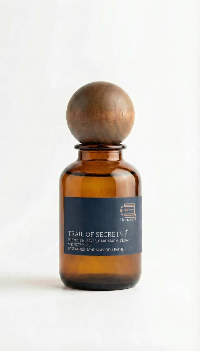 Amber glass bottle with wooden cap on a white background

