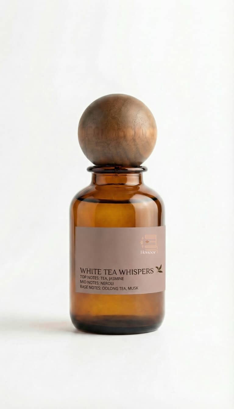 Brown glass bottle with wooden cap on a white background

