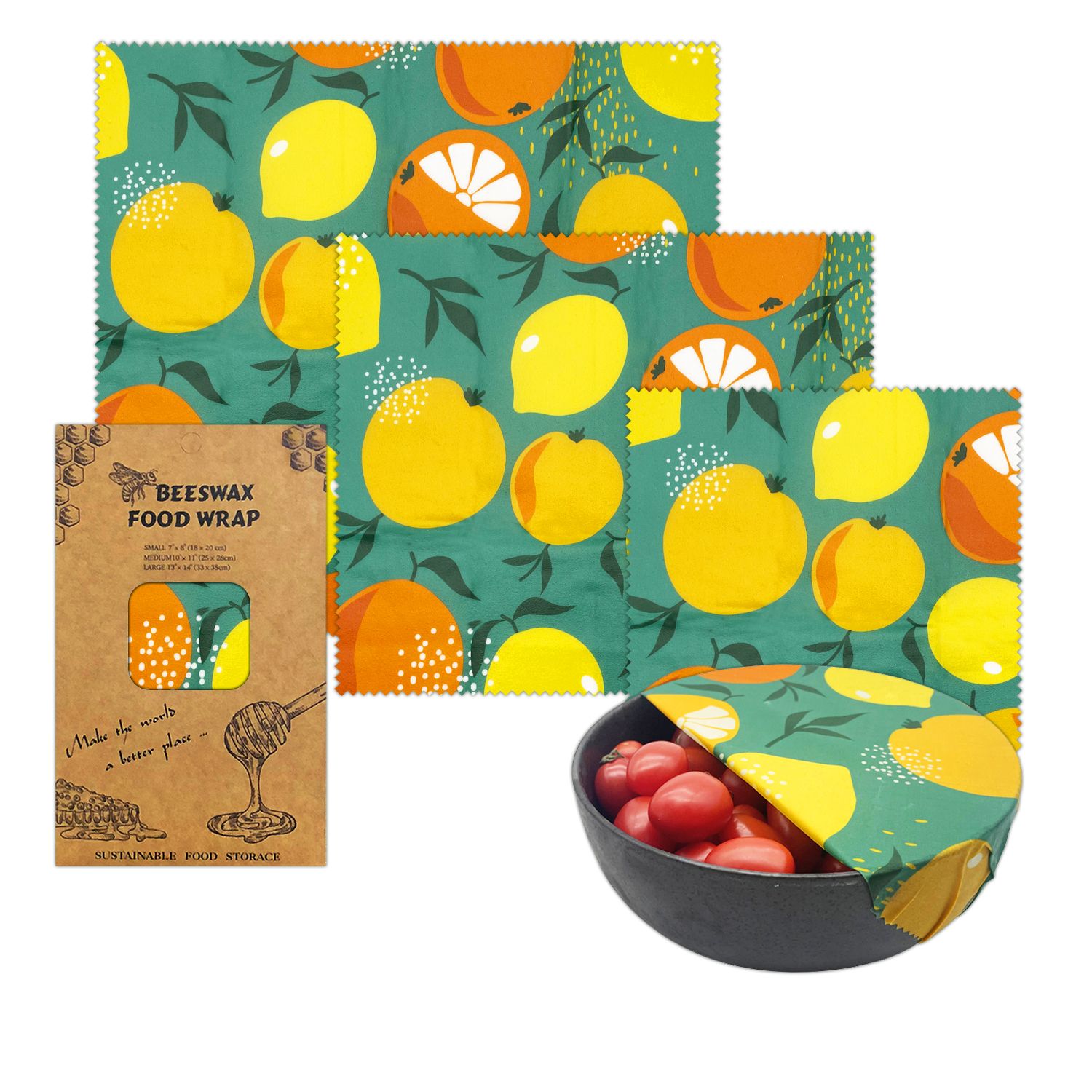 Set of beeswax food wraps with fruit pattern on a white background

