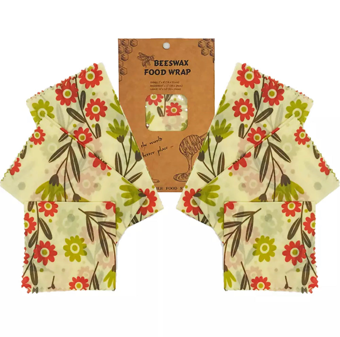 Set of 3 Natural Reusable Beeswax Food Wraps - 
Flowers &amp; Leaves print