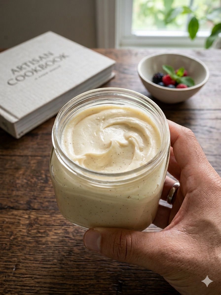 Hand holding a jar of creamy dessert on a wooden table with a cookbook and bowl of berries in the background.

