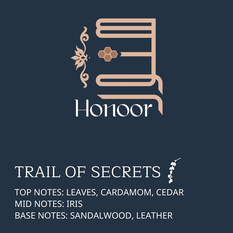Product label for 'Trail of Secrets' by 'Honour' with fragrance notes on a dark blue background.

