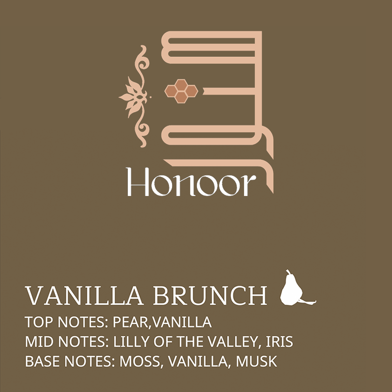 Product packaging for 'Vanilla Brunch' by Honoor with fragrance notes on a brown background.

