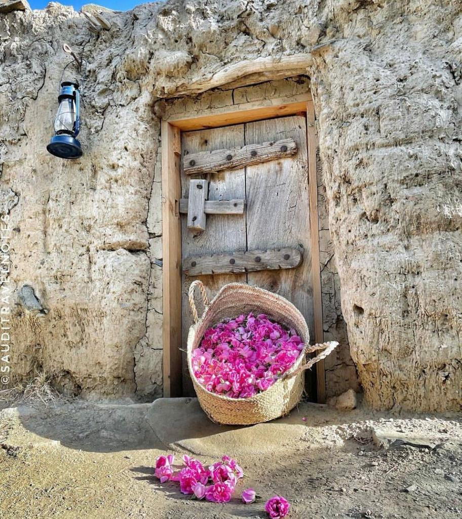 Wicker basket with pink flowers against a rustic stone wall with a wooden door.

