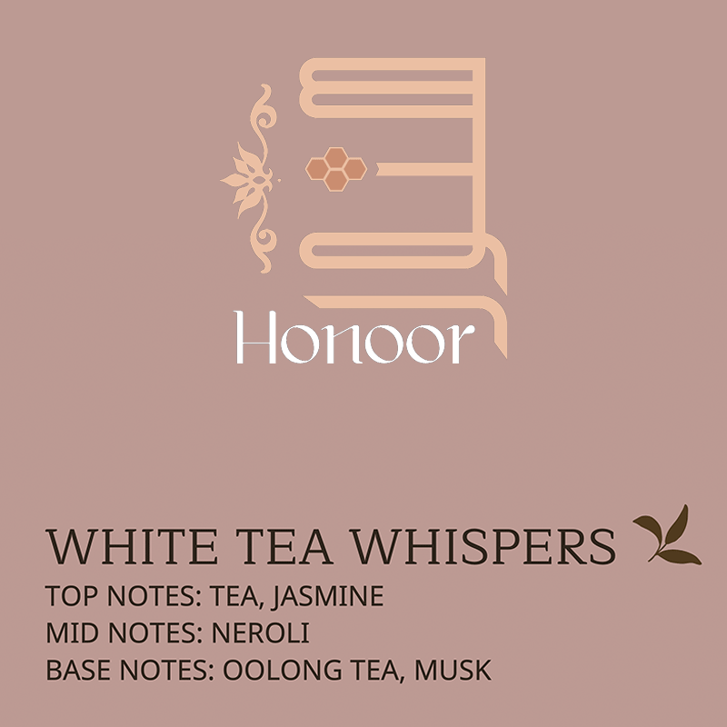 Product packaging for 'White Tea Whispers' by Honor with tea bag illustration on a brown background.

