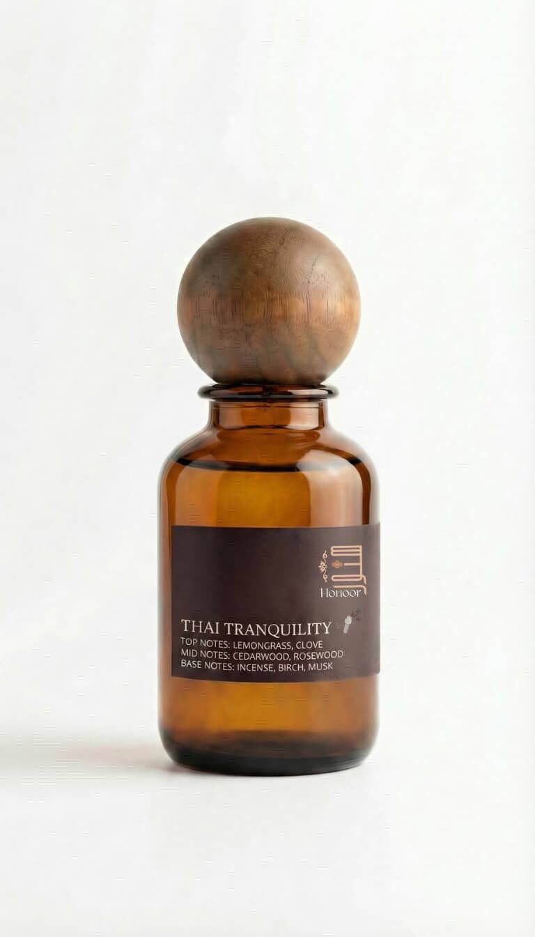 Amber glass bottle with wooden cap on a white background

