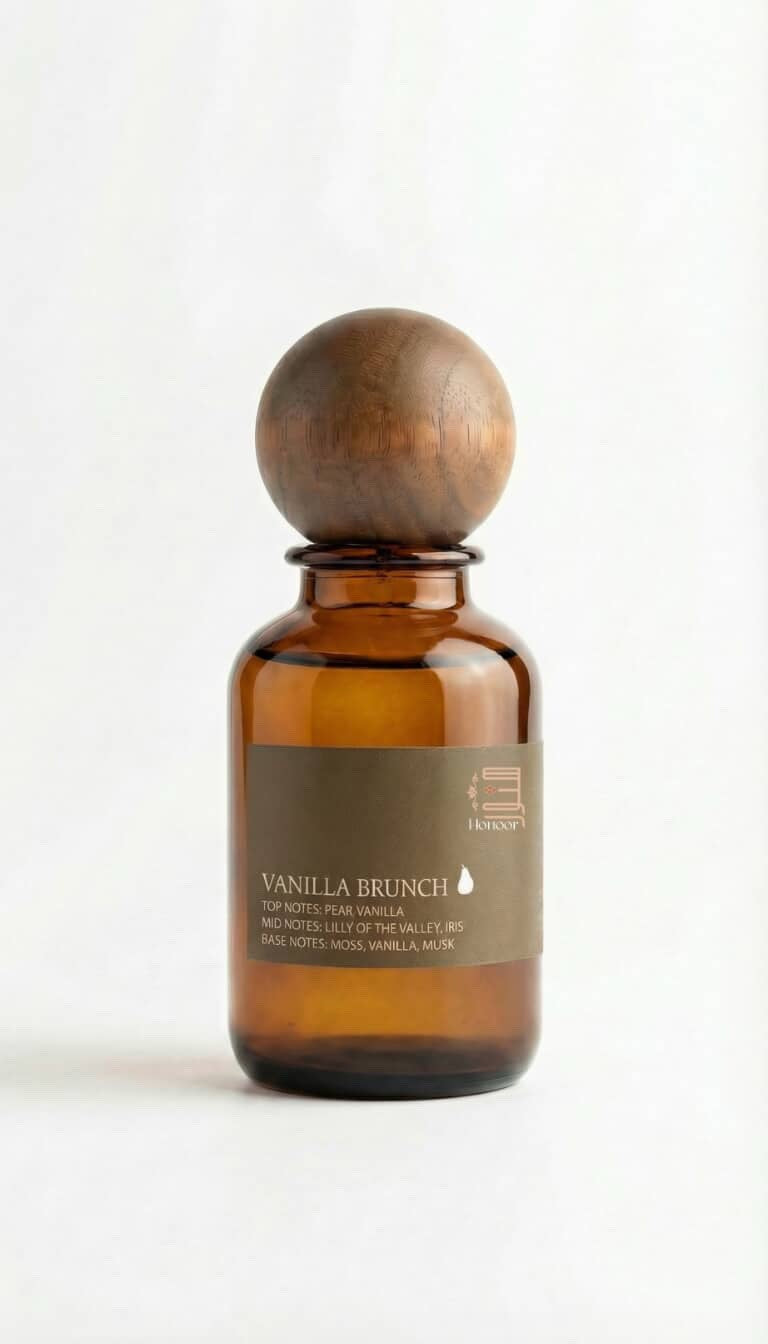 Brown glass bottle with wooden cap on a white background

