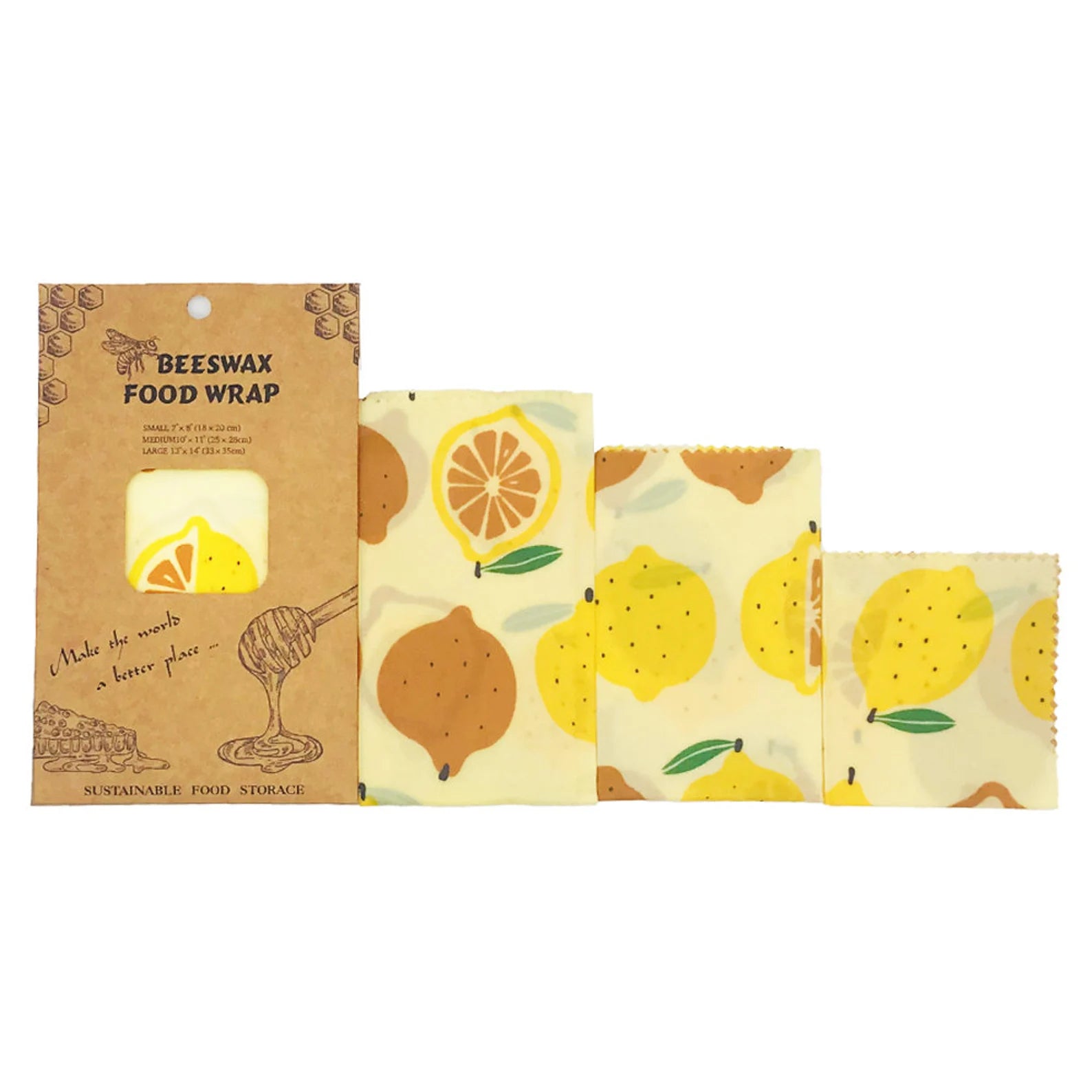 Set of 3 Natural Reusable Beeswax Food Wraps - 
Lemon print