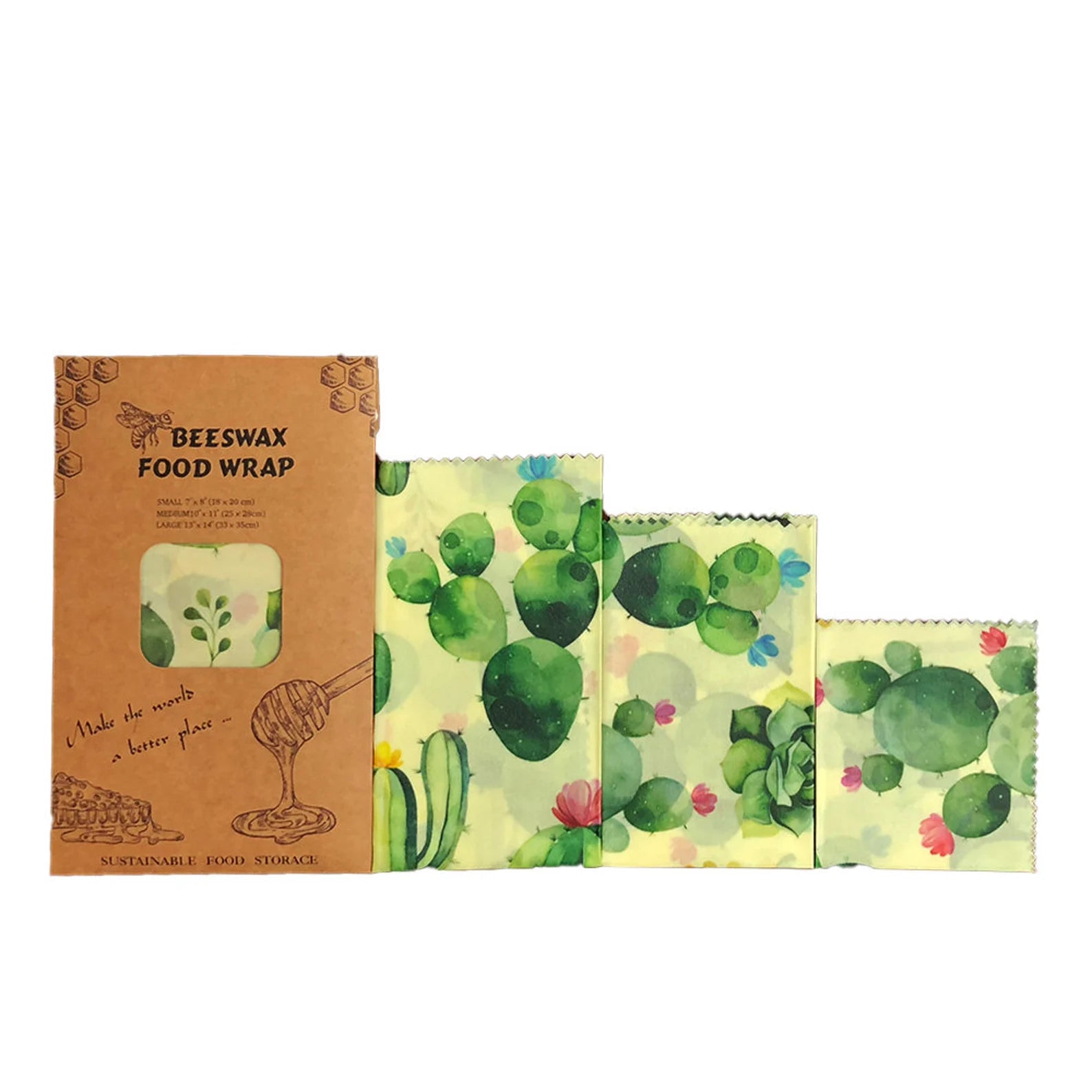 Set of 3 Natural Reusable Beeswax Food Wraps - 
Cactus print