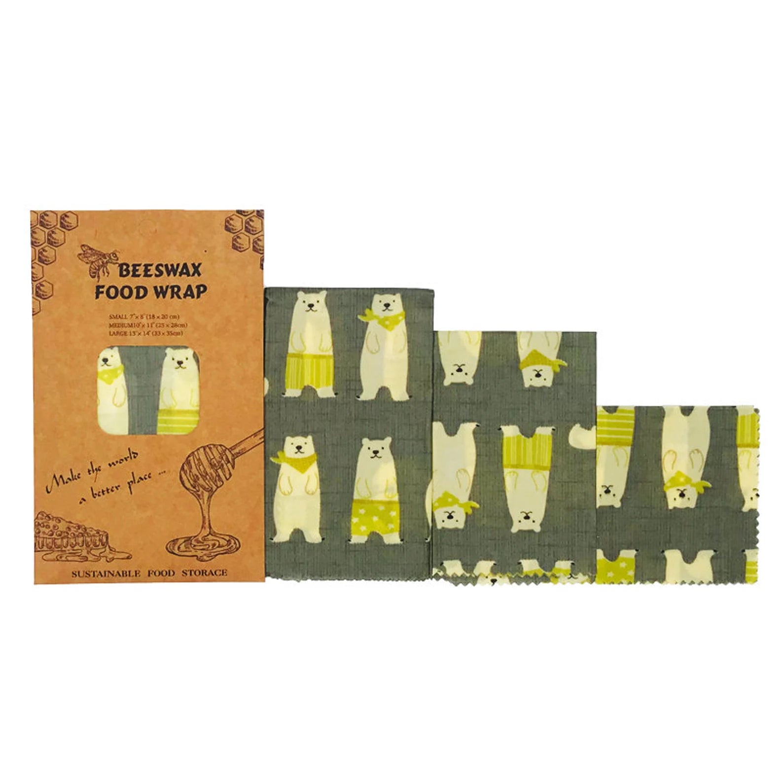 Set of 3 Natural Reusable Beeswax Food Wraps - 
Polar Bears print