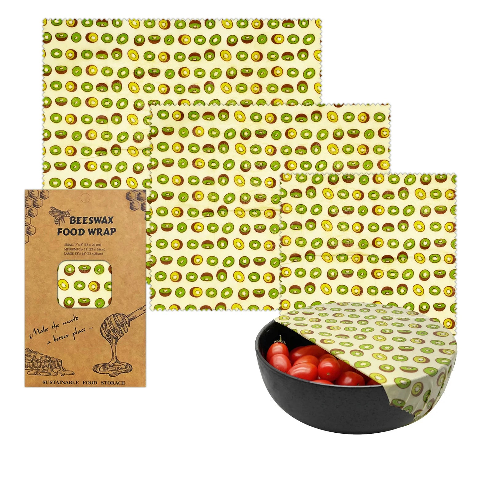 Set of 3 Natural Reusable Beeswax Food Wraps - 
Kiwi print