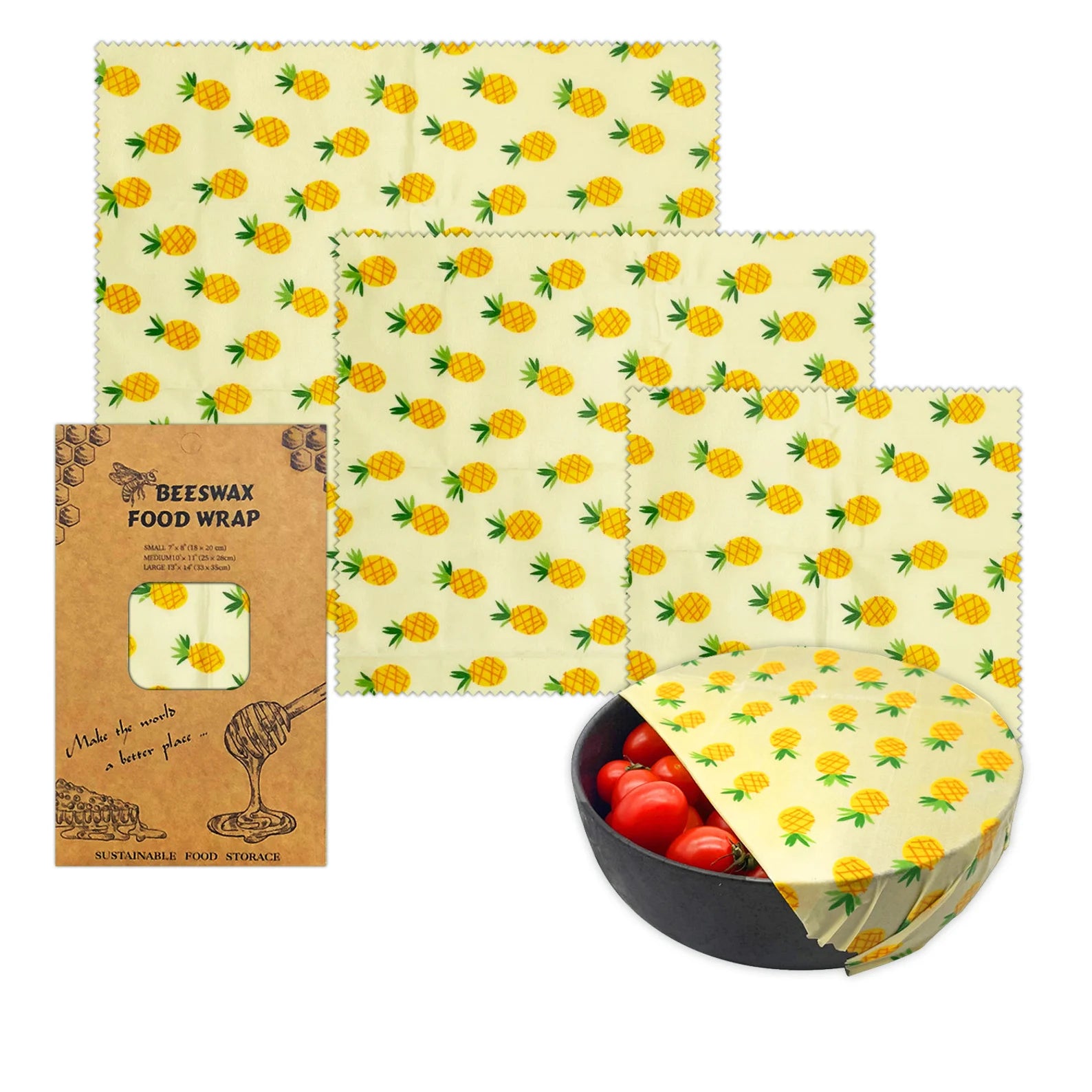 Set of 3 Natural Reusable Beeswax Food Wraps - 
Pineapple print