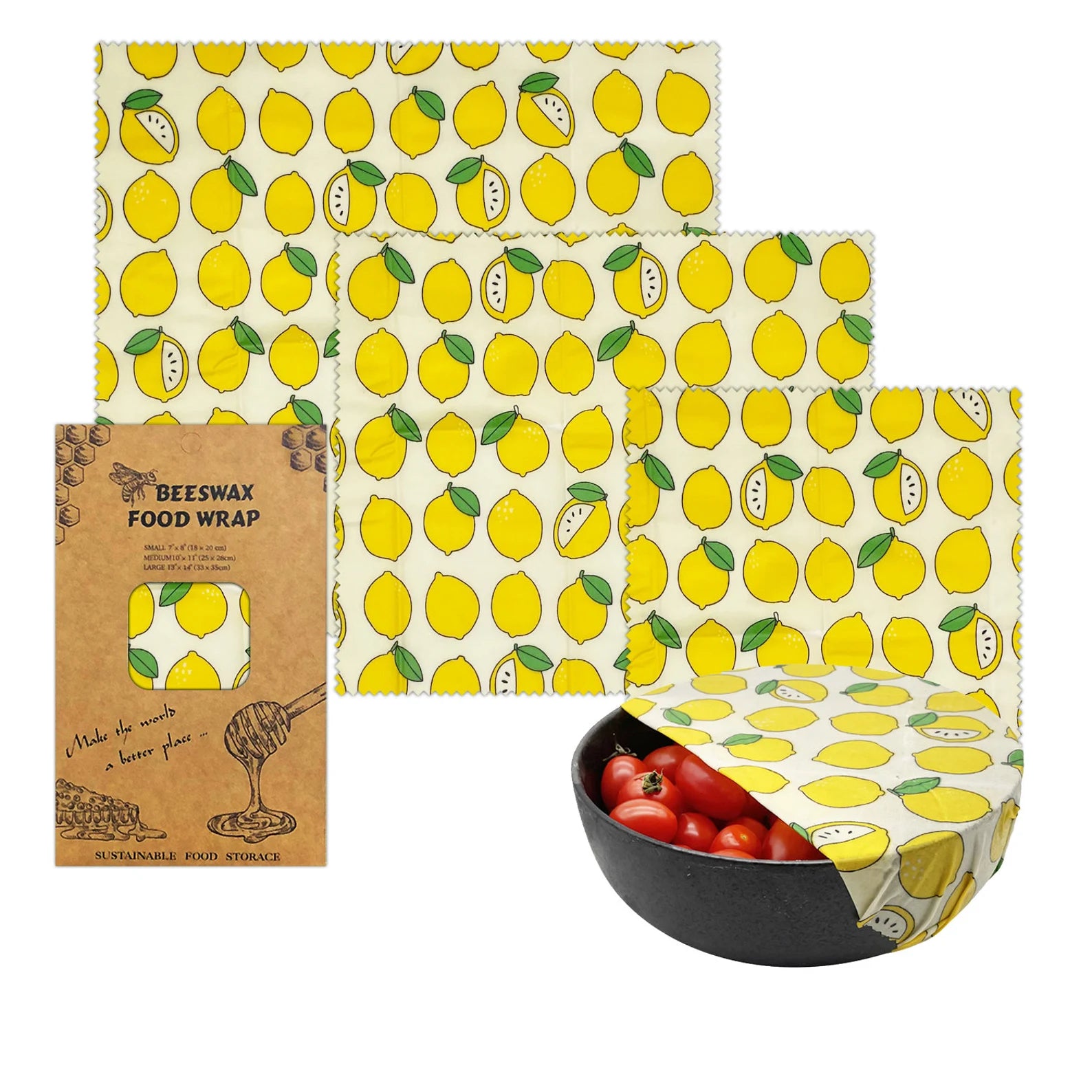 Set of 3 Natural Reusable Beeswax Food Wraps - 
Small Lemon print