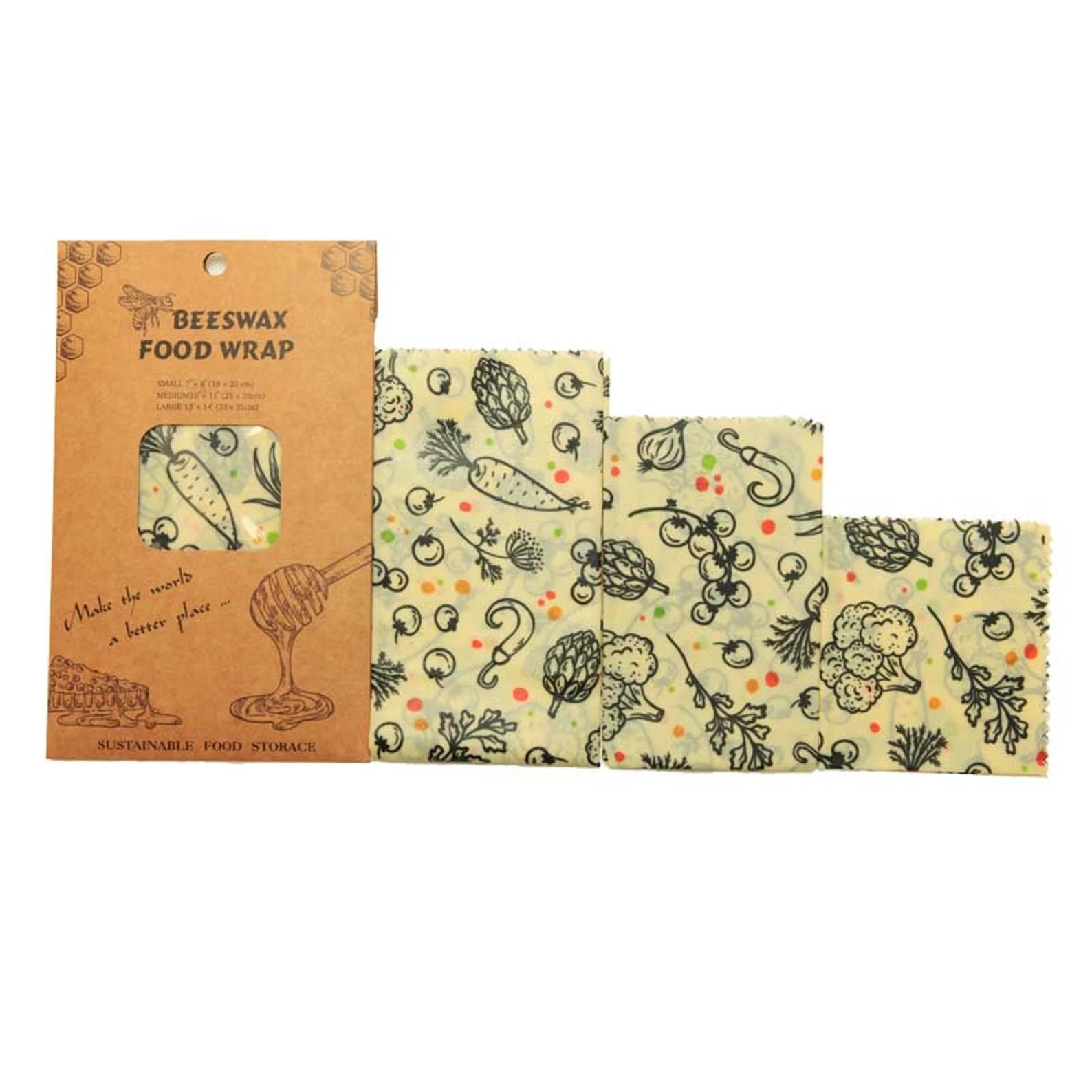 Set of 3 Natural Reusable Beeswax Food Wraps - 
Veggie print
