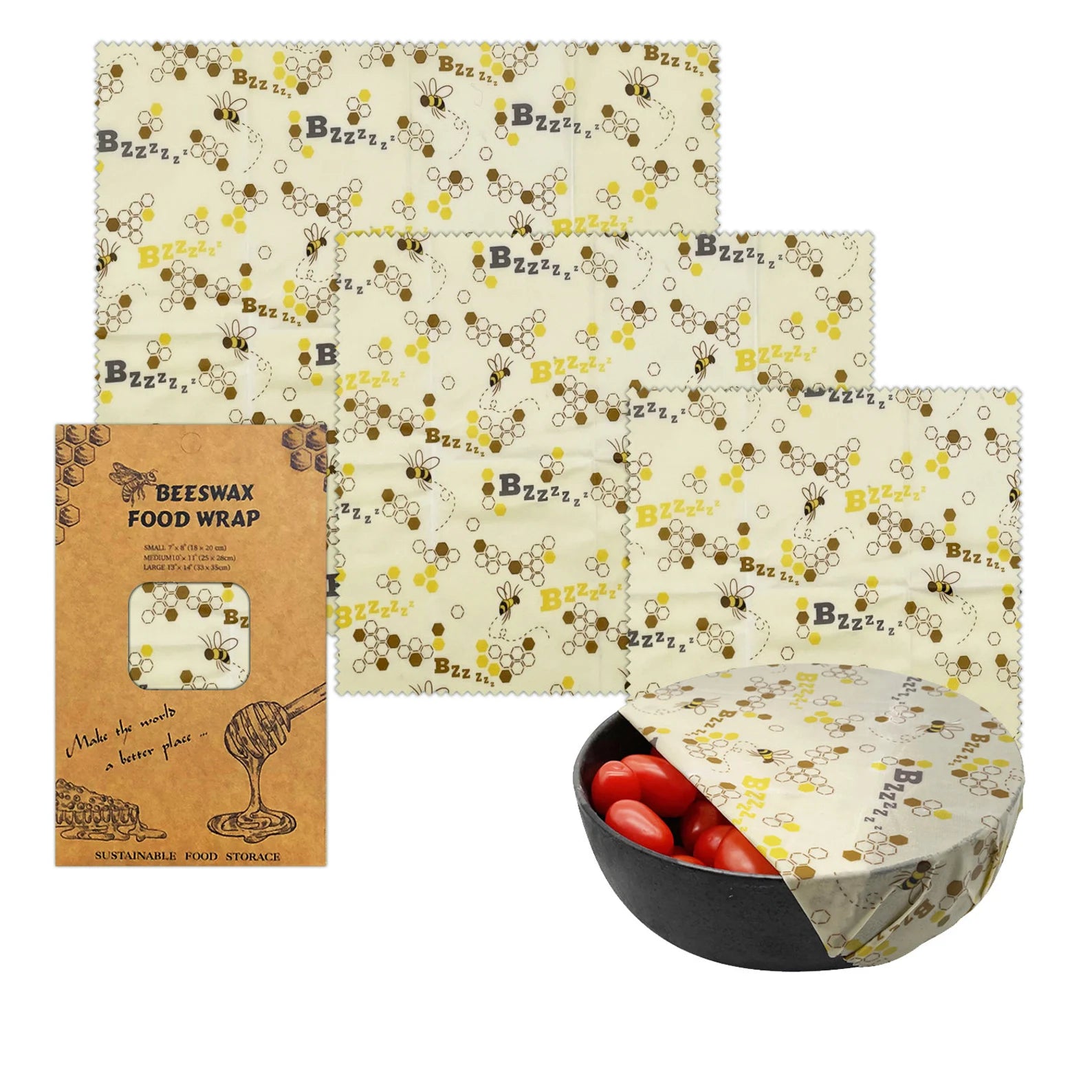 Beeswax food wrap with a honeycomb pattern, packaging, and a bowl of tomatoes.

