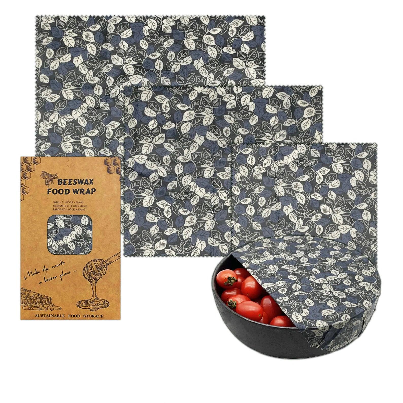 Set of beeswax food wraps with a pattern and a box labeled 'Beeswax Food Wrap' on a white background.


